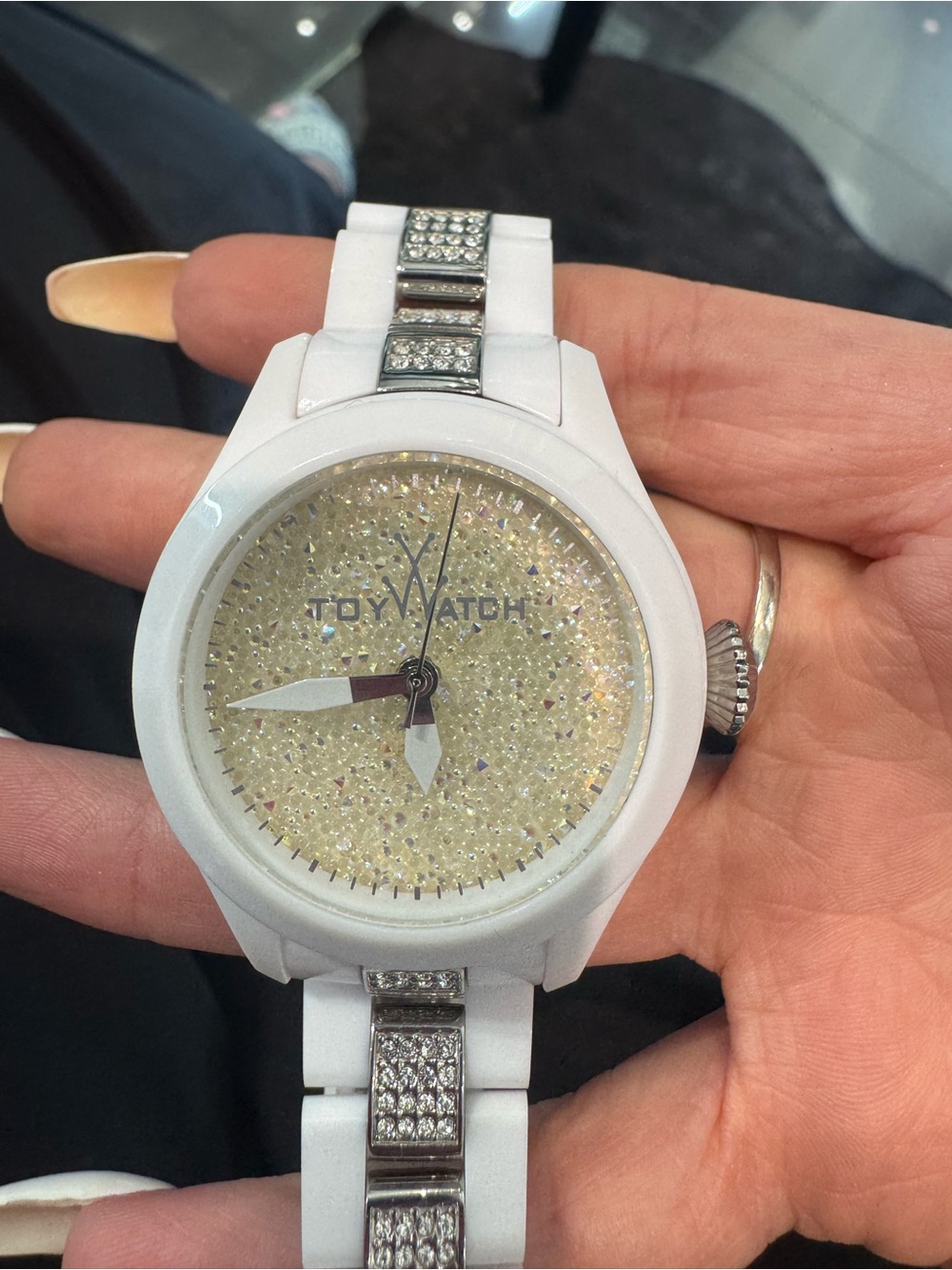 New ToyWatch Velvety Only-Time White Pavé / Glitter Crystal Watch